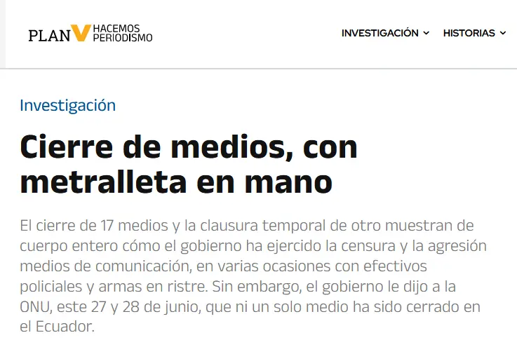 Información de Plan V sobre el cierre de medios del correismo